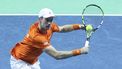 epa11738624 Botic Van de Zandschulp of the Netherlands in action against Matteo Berrettini of Italy during their match at the Davis Cup final at Jose Maria Martin Carpena Pavilion, in Malaga, southern Spain, 24 November 2024.  EPA/DANIEL PEREZ