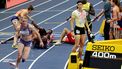 Netherlands' Keenan Blake is seen on the floor after a handover in the 4 x 400m relay final during the World Athletics Indoor Championships Kujawy Pomorze 2026 in Torun, Poland on March 21, 2026. 
Wojtek RADWANSKI / AFP