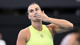 epa12637432 Aryna Sabalenka of Belarus celebrates winning against Madison Keys of the USA during the quarter-finals of the Brisbane International tennis tournament at Pat Rafter Arena in Brisbane, Australia, 09 January 2026.  EPA/DARREN ENGLAND NO ARCHIVING, EDITORIAL USE ONLY AUSTRALIA AND NEW ZEALAND OUT