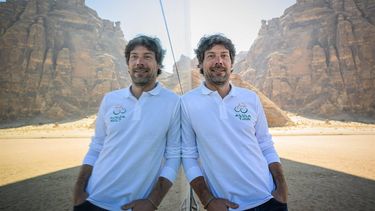 Spanish former cyclist and three-time road world champion Oscar Freire poses prior to the start of the fourth stage of the AlUla Tour cycling race, from Maraya to skyviews of Hattat Uwayrid on January 31, 2025. 
Loic VENANCE / AFP