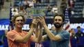 Australia's Max Purcell (L) and Jordan Thompson (R) celebrate defeating Germany's Kevin Krawietz and Tim Puetz on day thirteen  during their men's doubles final match against of the US Open tennis tournament at the USTA Billie Jean King National Tennis Center in New York City, on September 7, 2024. 
TIMOTHY A. CLARY / AFP