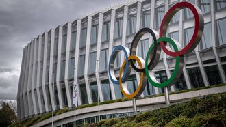 The headquarters of International Olympic Committee (IOC) is seen during a protest against the proposed IOC roadmap to organise the return to competition of Russian athletes under a neutral flag, provided that they have 