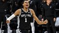 2023-10-28 04:48:59 San Antonio Spurs' French forward-center #01 Victor Wembanyama celebrates after winning the NBA basketball game between the Houston Rockets and the San Antonio Spurs at the AT&T Center in San Antonio, Texas, on October 27, 2023.  
CHANDAN KHANNA / AFP