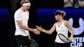 epa11058532 Laura Siegemund (R) and Alexander Zverev of Germany shake hands during the Mixed Doubles match of the United Cup quarterfinal Greece vs Germany, in Sydney, Australia, 05 January 2024.  EPA/STEVEN MARKHAM  AUSTRALIA AND NEW ZEALAND OUT  EDITORIAL USE ONLY  EDITORIAL USE ONLY