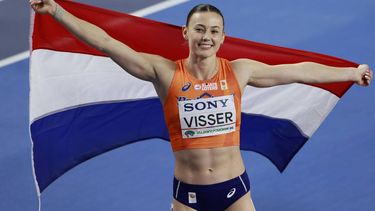 Second placed Netherlands' Nadine Visser celebrates after competing in the women's final 60 metres hurdles event during the World Athletics Indoor Championships Kujawy Pomorze 2026 in Torun, Poland on March 22, 2026. 
Wojtek RADWANSKI / AFP