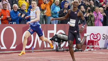 Norway's Karsten Warholm and Alison Dos Santos from Brazil react after the men's 400 meters hurdles event of the Oslo Diamond League Bislett Games 2024 at Bislett Stadium in Oslo, Norway on May 30, 2024. 
Beate Oma Dahle / NTB / AFP