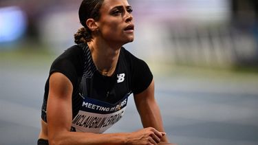 USA's Sydney McLaughlin-Levrone reacts after taking second place in the the women's 400m event during the IAAF Diamond League 