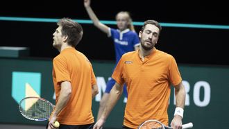 The Dutch David Pel (r) and Sander Arends in the doubles, losing to the French Jeremy Chardy and Fabrice Martin, in the first round of the ABN AMRO World Tennis Tournament. Due to the corona pandemic, the ATP tournament in Ahoy takes place without an audience. In Rotterdam, the Netherlands, 1 March 2021. ANP KOEN SUYK