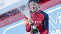 2023-02-04 15:13:05 epa10447626 British rider Tao Geoghegan Hart of Ineos Grenadier team celebrates his victory on the podium following the fourth stage of the Volta a la Comunitat Valenciana, in Castellon, southeast Spain, 04 February 2023.  EPA/Manuel Bruque