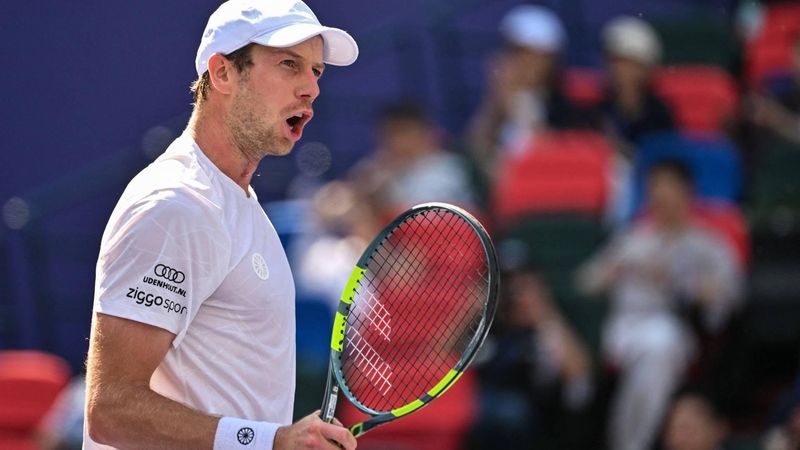 Netherlands's Botic van de Zandschulp reacts after a point against Spain's Rafael Jodar during their men's singles match at the Shanghai Masters tennis tournament in Shanghai on October 14, 2026. 
Hector RETAMAL / AFP