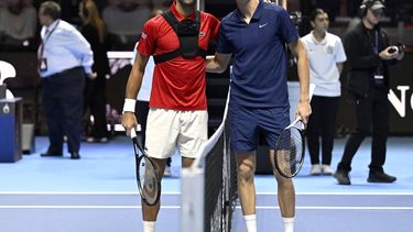 epa12458920 Jannik Sinner (R) of Italy and Novak Djokovic of Serbia pose at the net before their semifinal match at the 2025 Six Kings Slam tennis tournament in Riyadh, Saudi Arabia, 16 October 2025. Sinner won in two sets.  EPA/STR