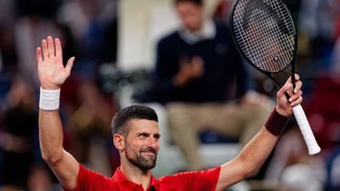 epa11648940 Novak Djokovic of Serbia celebrates after winning his Men's Singles round of 32 match against Flavio Cobolli of Italy at the Shanghai Masters tennis tournament in Shanghai, China, 08 October 2024.  EPA/ALEX PLAVEVSKI