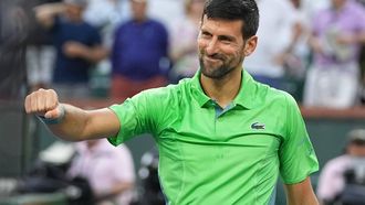 epa11210327 Novak Djokovic of Serbia reacts after his win against Aleksandar Vukic of Australia during the BNP Paribas Open tennis tournament in Indian Wells, California, USA, 09 March 2024.  EPA/RAY ACEVEDO