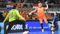 Netherlands' right wing #46 Nathalie Hendrikse challenges Argentina's goalkeeper #01 Marisol Carratu during the qualifying handball match for the 2024 Paris Olympic Games between Netherlands and Argentina at the Palacio de Deportes in Torrevieja on April 11, 2024. 
JOSE JORDAN / AFP