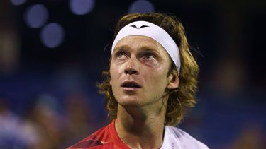 epa11520939 Andrey Rublev of Russia reacts against Frances Tiafoe of the US during their quarter final match during the Mubadala Citi DC Open in Washington, DC, USA, 02 August 2024.  EPA/WILL OLIVER