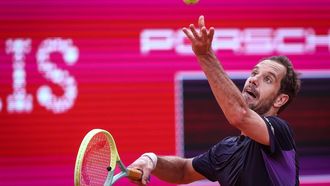 epa11261004 Richard Gasquet of France in action against Pedro Martinez of Spain during the fifth day of the Estoril Open tennis tournament, in Cascais, Portugal, 05 April 2024.  EPA/RODRIGO ANTUNES