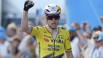 Team Visma - Lease a bike team's Belgian rider Wout van Aert celebrates during Stage 1 of the PostNord Danmark Rundt, in Aalborg on, July 29, 2026.  
Bo Amstrup / Ritzau Scanpix / AFP
