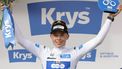 Team DSM-Firmenich PostNL team's Belgian rider Frank Van Den Broek celebrates on the podium with the best young rider's white jersey after the 1st stage of the 111th edition of the Tour de France cycling race, 206 km between Florence and Rimini, in Italy, on June 29, 2024. 
Thomas SAMSON / AFP