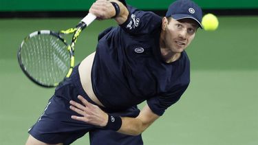 epa11946216 Van De Zandschulp of the Netherlands serves against Nick Kyrgios of Australia during the BNP Paribas Open tennis tournament in Indian Wells, California, USA, 06 March 2025.  EPA/JOHN G. MABANGLO