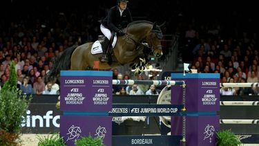 Dutch' Willem Greve rinding Grandorado TN N.O.P. competes in the FEI World Cup Jumping event at the Parc des Expositions in Bordeaux, south-western France, on February 8, 2025. 
ROMAIN PERROCHEAU / AFP