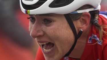 2023-05-07 16:32:10 Movistar Team's Dutch rider Annemiek van Vleuten reacts as she crosses the finish line during the 7th and last stage of the women's 2023 Vuelta Spanish cycling race, 93,7 kms from A Pola de Siero to Lagos de Covadonga, in Lagos de Covadonga on May 7, 2023. 
MIGUEL RIOPA / AFP