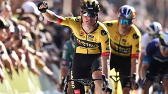 2023-09-03 16:47:23 Jumbo-Visma's Dutch rider Olav Kooij celebrates as he crosses the line to win at the finish of the opening stage of the Tour of Britain cycle race in Manchester, north west England on September 3, 2023 
Oli SCARFF / AFP