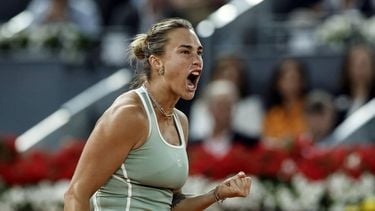 Belarus' Aryna Sabalenka reacts after winning a point to US' Hailey Baptiste during their 2026 WTA Tour Madrid Open tennis tournament singles match at the Caja Magica in Madrid, on April 28, 2026.  
OSCAR DEL POZO / AFP