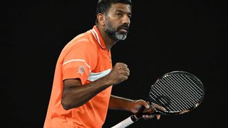 epa11102491 Rohan Bopanna of India, the oldest athlete playing at the Australian Open, partnering with Matthew Ebden of Australia, reacts during a men's doubles semifnal against Tomas Machac of the Czech Republic and Zhizhen Zhang of China on Day 12 at Melbourne Park in Melbourne, Australia 25 January 2024.  EPA/JAMES ROSS AUSTRALIA AND NEW ZEALAND OUT