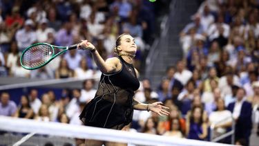 Belarus's Aryna Sabalenka hits a return against USA's Jessica Pegula during the women's singles semi-final tennis match on day twelve of the US Open tennis tournament at the USTA Billie Jean King National Tennis Center in New York City on September 10, 2026. 
CHARLY TRIBALLEAU / AFP