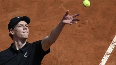 epa12956838 Jannik Sinner of Italy in action during his men's singles quarterfinal match against Andrey Rublev of Russia (not pictured) at the Italian Open tennis tournament in Rome, Italy, 14 May 2026.  EPA/RICCARDO ANTIMIANI