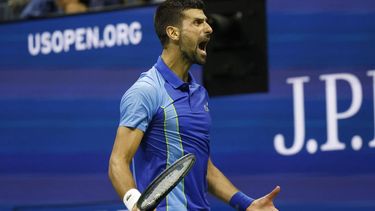 2023-09-11 00:18:27 Serbia's Novak Djokovic reacts as he plays Russia's Daniil Medvedev during the US Open tennis tournament men's singles final match at the USTA Billie Jean King National Tennis Center in New York on September 10, 2023. 
KENA BETANCUR / AFP
