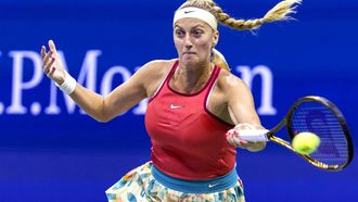 Czech Republic's Petra Kvitova plays a forehand return against Denmark's Caroline Wozniacki during the US Open tennis tournament women's singles second round match at the USTA Billie Jean King National Tennis Center in New York City, on August 30, 2023. 
COREY SIPKIN / AFP
