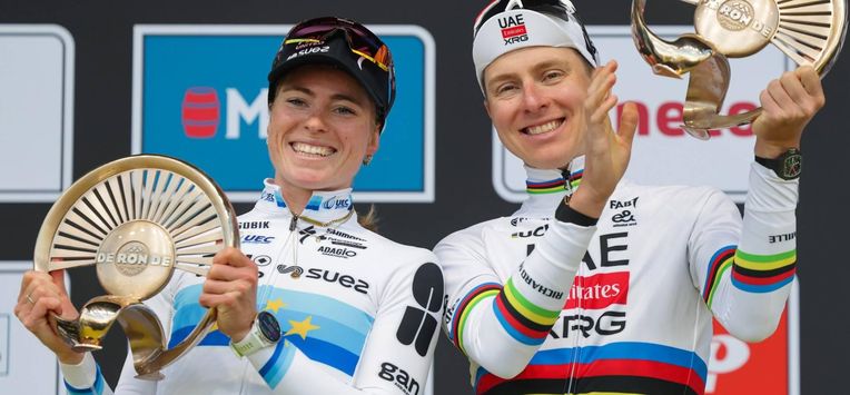 epa12870801 Dutch cyclist Demi Vollering of team FDJ United - Suez (L) and Slovenian Tadej Pogacar of UAE Team Emirates XRG pose on the podium after winning the Women's and Men's Tour of Flanders one-day cycling race, in Oudenaarde, Belgium, 05 April 2026.  EPA/OLIVIER MATTHYS