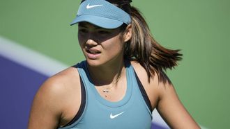 epa10521461 Emma Raducanu of Great Britain reacts in her match against Beatriz Haddad Maia of Brazil during the BNP Paribas Open tennis tournament at the Indian Wells Tennis Garden in Indian Wells, California, USA, 13 March 2023.  EPA/RAY ACEVEDO