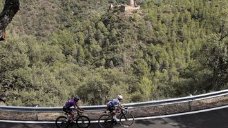 epa10829137 Argentinian rider and mountain leader Eduardo Sepulveda (R) of Lotto Dstny team in action during the 5th stage of the Vuelta a Espana, a 185.7km cycling race from Morella to Burriana, Spain, 30 August 2023.  EPA/Manuel Bruque