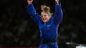 Slovenia's Andreja Leski (Blue) reacts after beating Mexico's Prisca Awiti Alcaraz in the judo women's -63kg gold medal bout of the Paris 2024 Olympic Games at the Champ-de-Mars Arena, in Paris on July 30, 2024.  
Luis ROBAYO / AFP