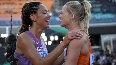 2023-08-20 18:15:40 Third-placed Netherlands' Anouk Vetter (R) celebrates with first-placed Britain's Katarina Johnson-Thompson after winning the overall heptathlon event after competing in the women's heptathlon 800m during the World Athletics Championships at the National Athletics Centre in Budapest on August 20, 2023. 
Kirill KUDRYAVTSEV / AFP