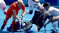 epa11530147 Goalkeeper Luis Calzado (C) of Spain in action against Tjep Hoedemakers (L) of the Netherlands during the Men semifinal between the Netherlands and Spain of the Field Hockey competitions in the Paris 2024 Olympic Games, at the Yves-du-Manoir Stadium in Colombes, France, 06 August 2024.  EPA/CHRISTOPHE PETIT TESSON