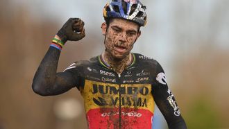 Belgian Wout Van Aert celebrates as he crosses the finish line to win the men elite race of the GP Sven Nys, the fourth stage (4/8) in the Trofee Veldrijden Cyclocross competition, Saturday 01 January 2022 in Baal, Belgium.
BELGA PHOTO DAVID STOCKMAN ** NETHERLANDS ONLY **