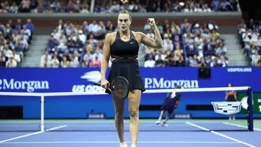Belarus's Aryna Sabalenka reacts as she plays USA's Jessica Pegula in their women's singles semifinal tennis match on day twelve of the US Open tennis tournament at the USTA Billie Jean King National Tennis Center in New York City, on September 4, 2025. 
CHARLY TRIBALLEAU / AFP