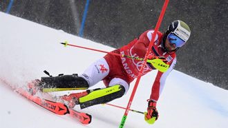 epa11144188 Manuel Feller of Austria in action during the first run in slalom race at the FIS Alpine Skiing World Cup event in Bansko, Bulgaria, 11 February 2024.  EPA/VASSIL DONEV