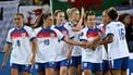 England's forward #11 Lauren Hemp (2nd R) celebrate with teammates after scoring the third goal of the match during the UEFA Women's Euro 2025 Group D football match between England and Wales at the Arena St.Gallen in St. Gallen on July 13, 2025. 
Fabrice COFFRINI / AFP