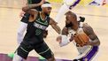 epa12041893 Minnesota Timberwolves Nickeil Alexander-Walker (L) defends against Los Angeles Lakers LeBron James (R) during the second half of the NBA playoffs round one game one between the Minnesota Timberwolves and the Los Angeles Lakers in Los Angeles, California, 19 April 2024.  EPA/ALLISON DINNER  SHUTTERSTOCK OUT