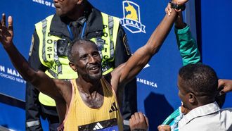 Sisay Lemma of Ethiopia celebrates taking first place in the men’s professional field during the 128th Boston Marathon in Boston, Massachusetts, on April 15, 2024. The marathon includes around 30,000 athletes from 129 countries running the 26.2 miles from Hopkinton to Boston, Massachusetts.  The event is the world's oldest annually run marathon. 
Joseph Prezioso / AFP