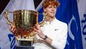 2023-10-04 22:23:06 epa10899470 Jannik Sinner of Italy lifts the trophy after winning the Men's Singles Final match against Daniil Medvedev of Russia (not pictured) at the China Open tennis tournament in Beijing, China, 04 October 2023.  EPA/MARK R. CRISTINO