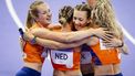 PARIJS - Lieke Klaver, Cathelijn Peeters, Lisanne de Witte en Femke Bol reageren na het winnen van de zilveren medaille op de 4 x 400m estafette (v) van het atletiek tijdens de Olympische Spelen. ANP ROBIN VAN LONKHUIJSEN