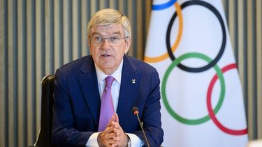 epa11229034 International Olympic Committee (IOC) President Thomas Bach speaks at the opening of the executive board meeting of the International Olympic Committee, at the Olympic House, in Lausanne, Switzerland, 19 March 2024.  EPA/LAURENT GILLIERON