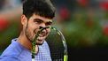 Spain's Carlos Alcaraz reacts during his men's singles final match against Italy's Jannik Sinner for the ATP Rome Open tennis tournament at Foro Italico in Rome on May 18, 2025.  
Tiziana FABI / AFP