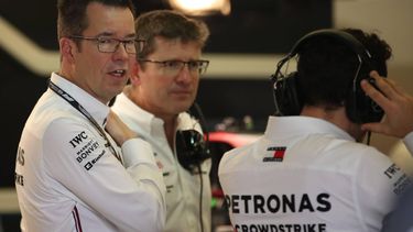 epa10484880 Technical chief of Mercedes-AMG Petronas Mike Elliott (L) looks on during the pre-Session testing for the 2023 Formula One at the Bahrain International Circuit in Sakhir, Bahrain, 23 February 2023.  EPA/ALI HAIDER
