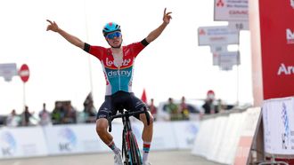 Lotto-DSTNY's Belgian cyclist Lennert Van Eetvelt reacts after winning the 7th and last stage of the 6th UAE Cycling Tour on February 25, 2024. 
Giuseppe CACACE / AFP
